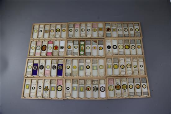 A collection of 19th century and later microscope slides,